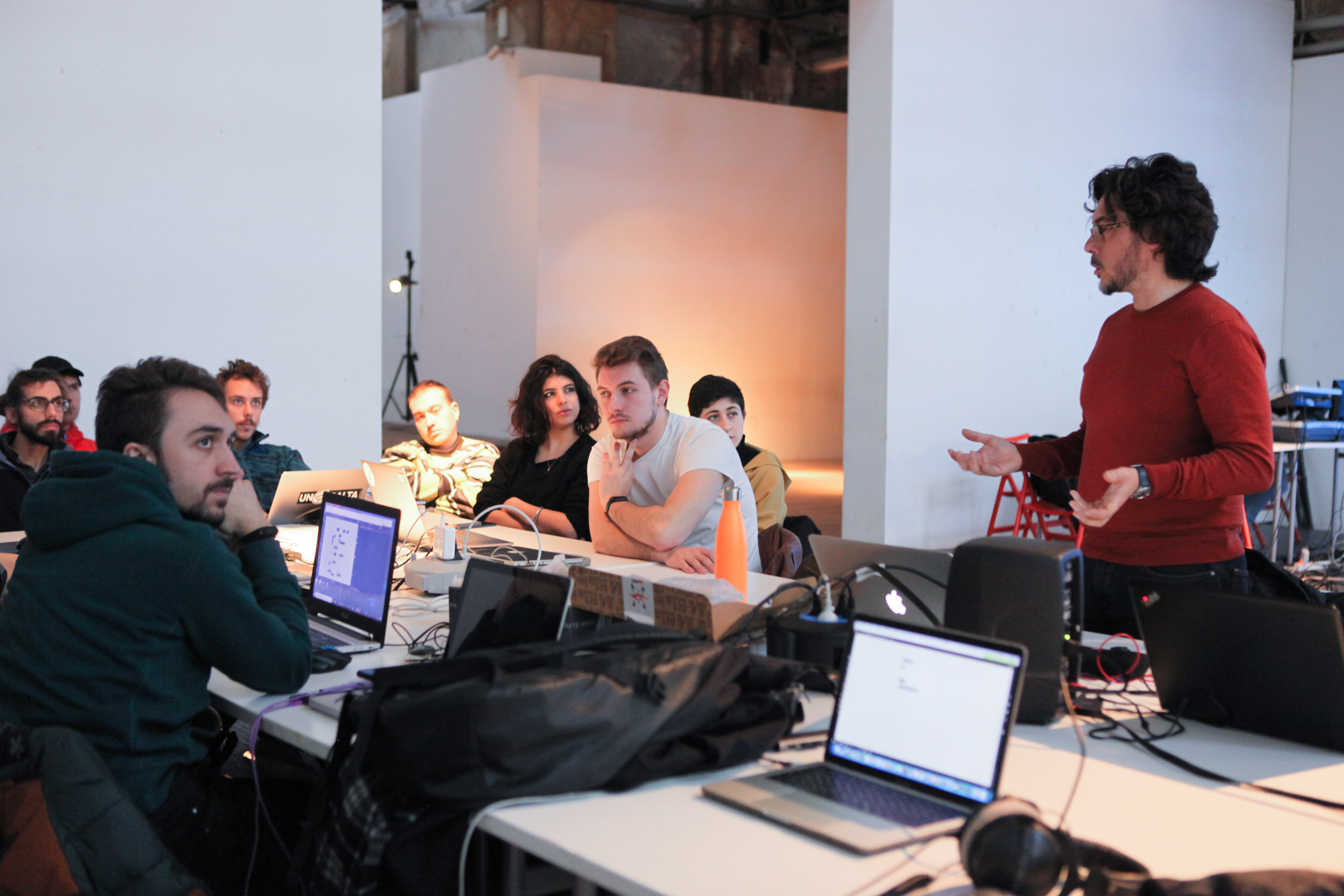 Stefano Delle Monache and students during the Tangible Interaction Sound Design workshop